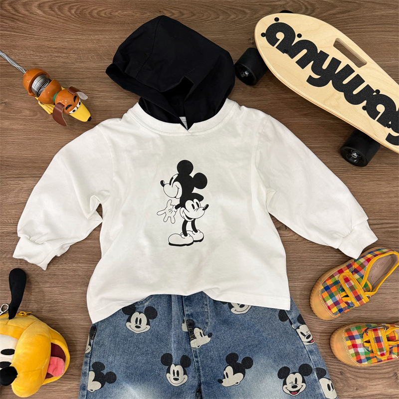 2025春季新款个性连帽卡通印花高街长袖T恤男女童洋气上衣潮