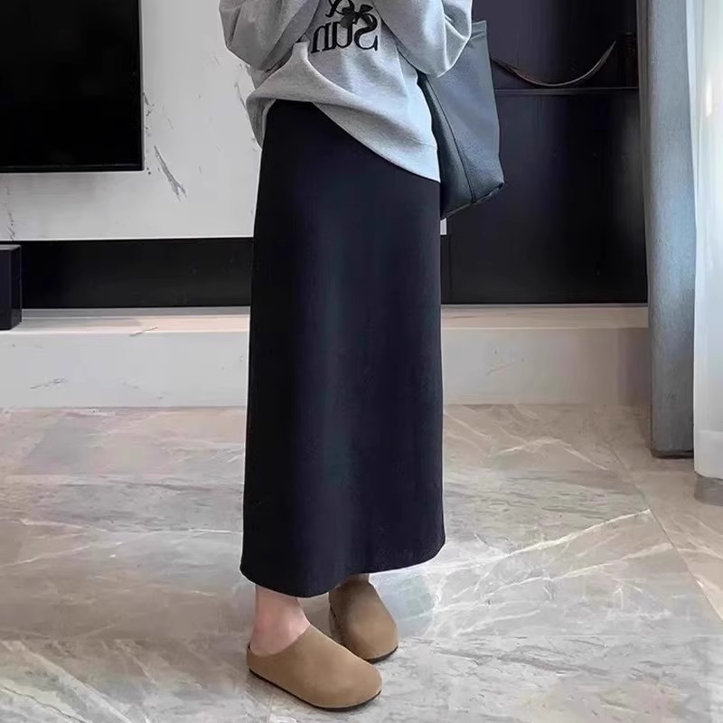 芯娇晴高级感秋冬新款加绒加厚半身裙高腰显瘦直筒开叉气质长裙子