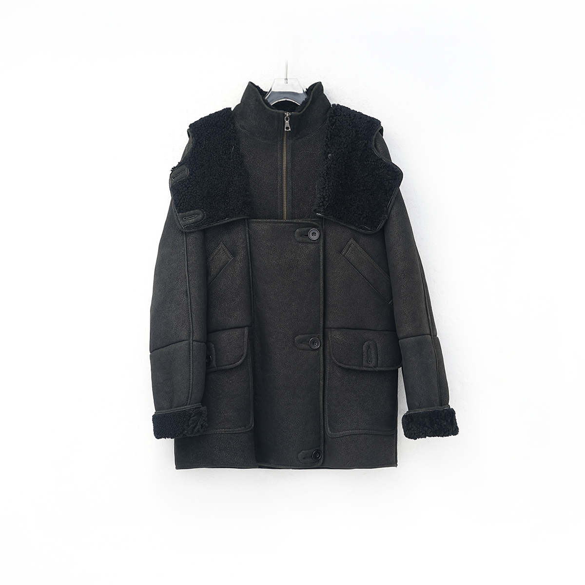 设计师款黑色皮毛一体外套中长保暖连帽皮草外套厚款冬季 208095