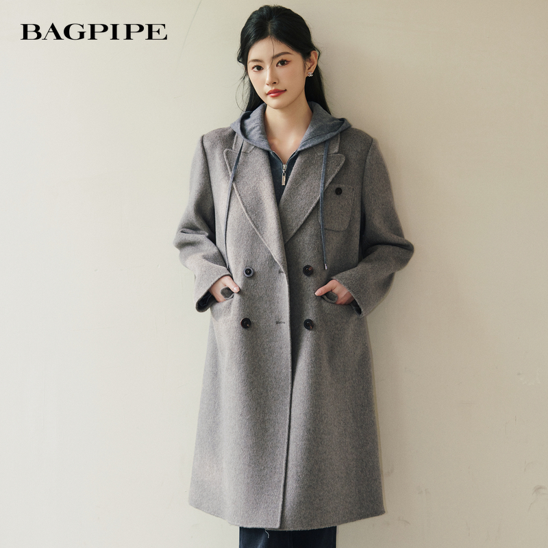 风笛2025冬季新款灰色双面羊毛大衣女中长款气质百搭毛呢长裤外套