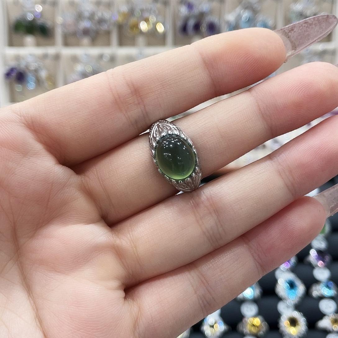 地***。蛇纹石玉银S925镶嵌戒指