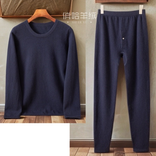 【打底套装】圆领冬季修身保暖上衣/男士弹力打底裤100%纯山羊绒