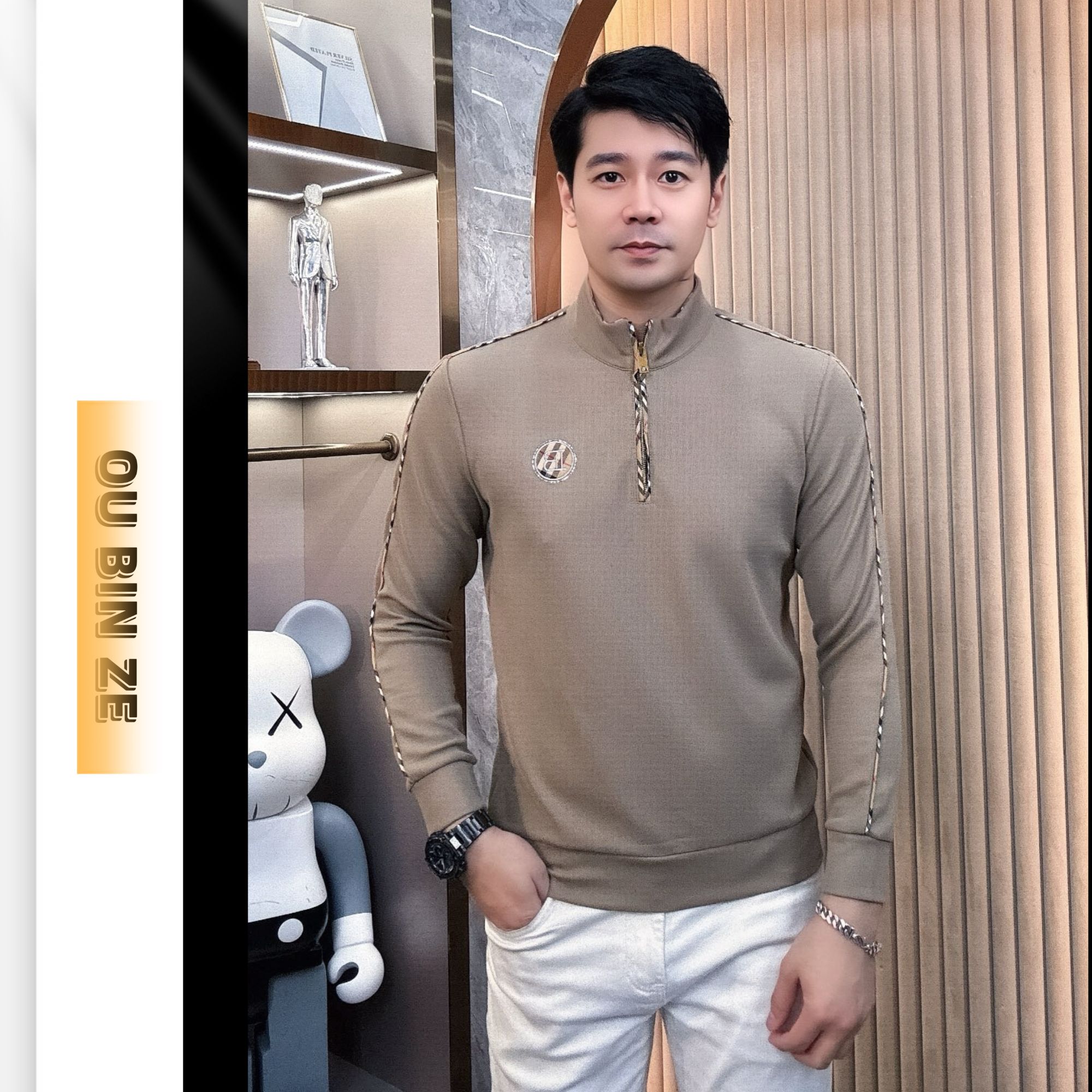 欧彬泽【道格】男士秋季薄款新款翻领休闲半拉链长袖卫衣9725