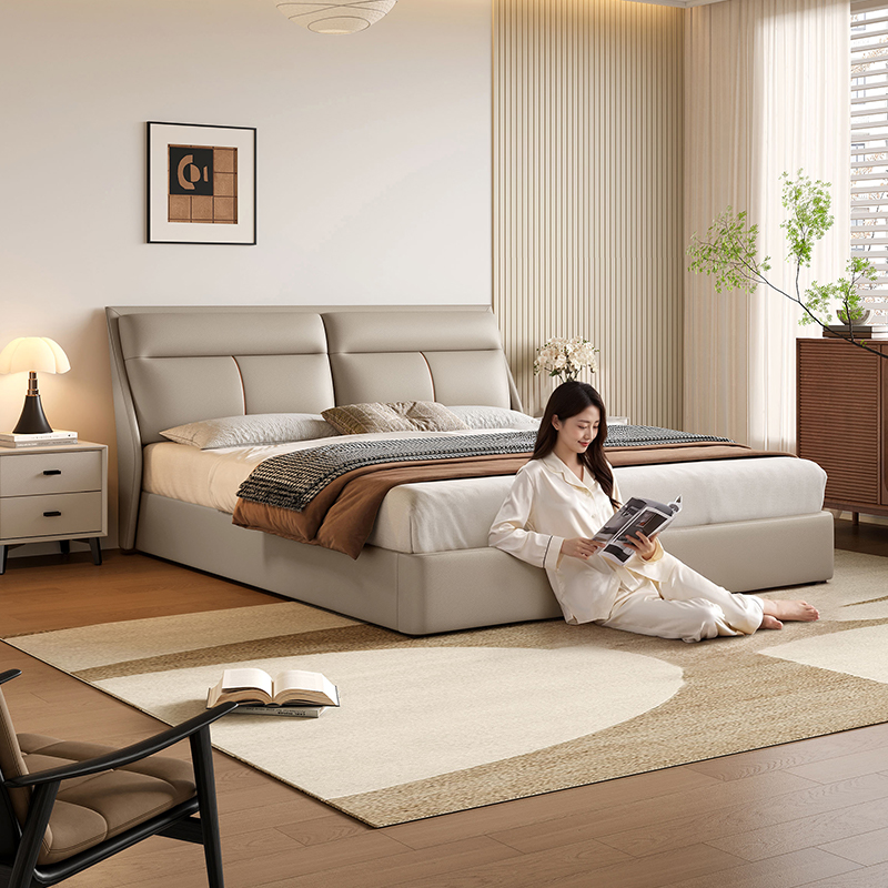 【灰灰】顾家家居头层牛皮双人皮床套餐DS8172B斜撑弯横储物【专】