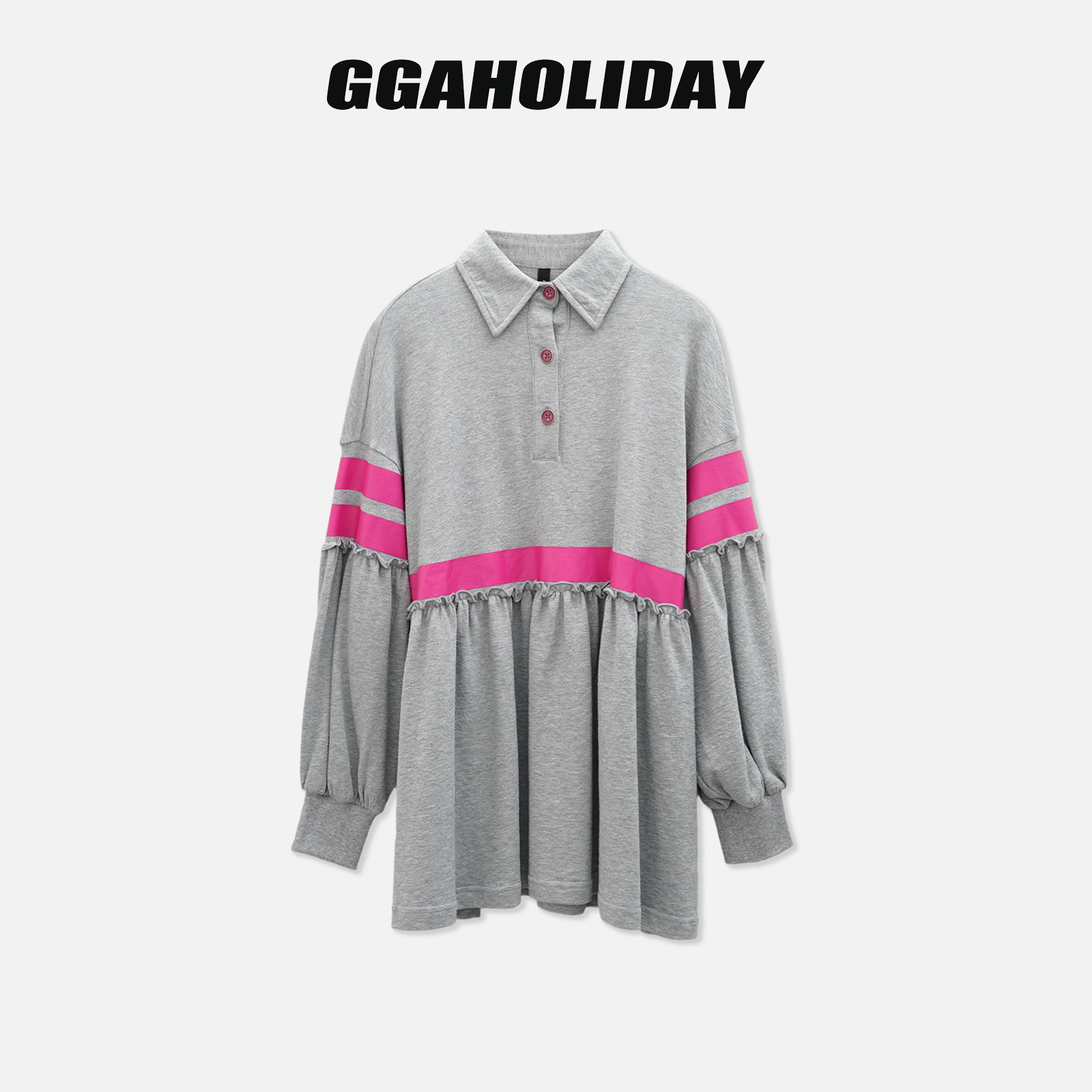GGAHOLIDAY秋季时尚宽松休闲慵懒风拼接POLO领长袖连衣裙-153123