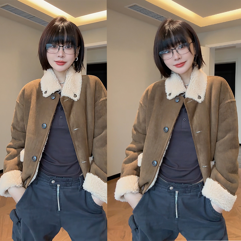 【贝尔多港湾】两面穿100%羊毛翻领韩系百搭保暖毛毛外套女