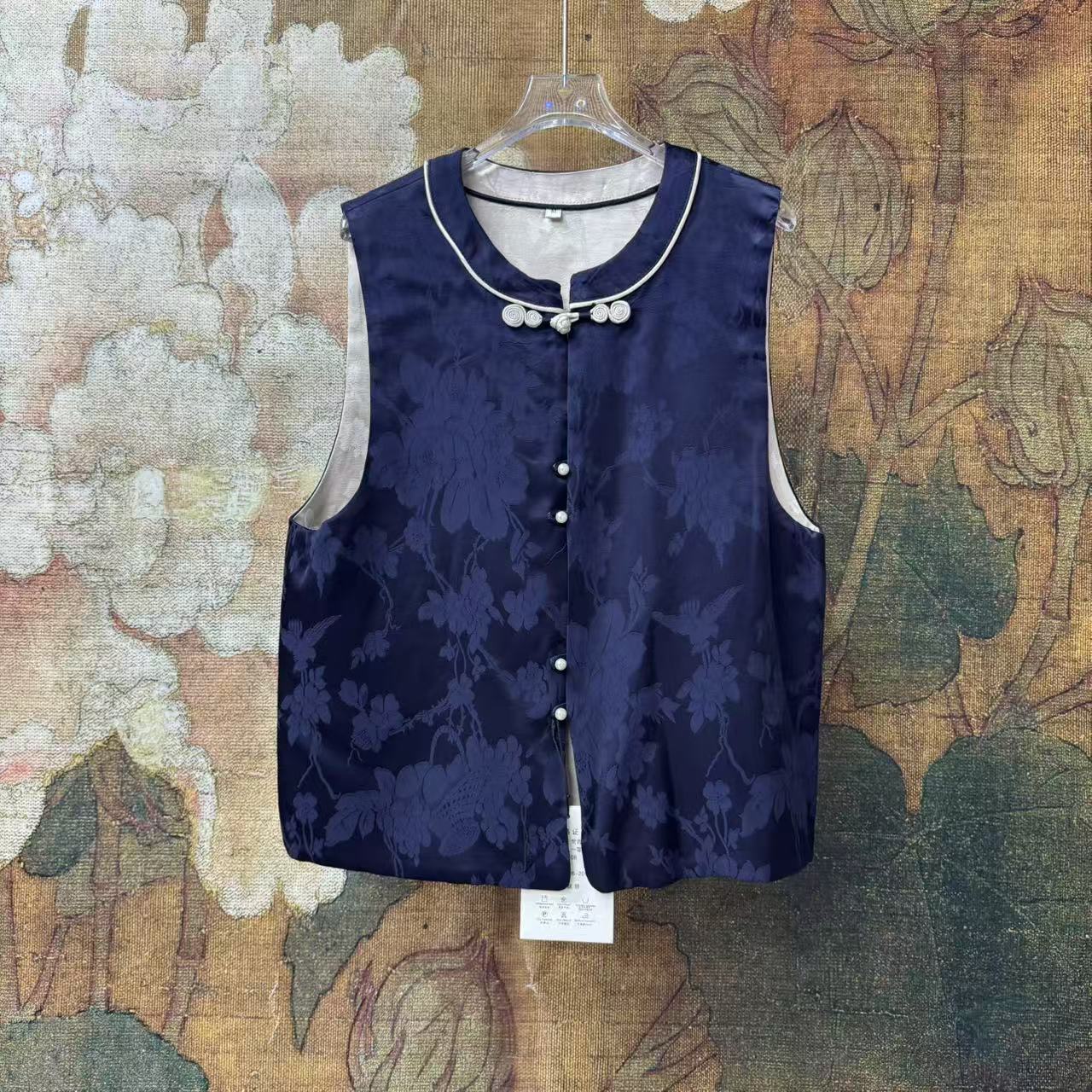 Y中式国风立体提花冠乐绉圆领双面穿高定复古盘扣马甲