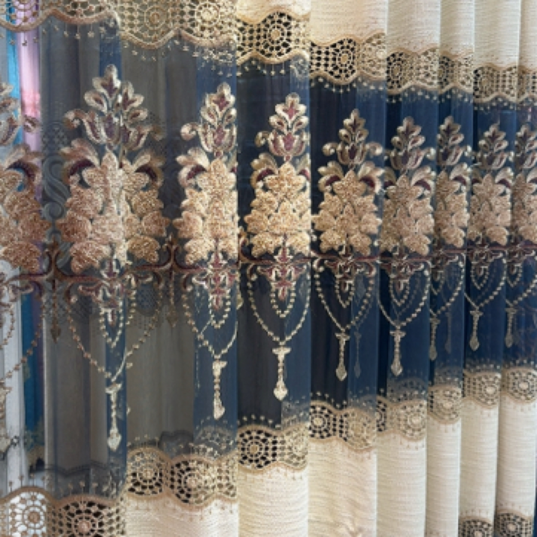 麻料蓝色米色无缝拼接大镂空客厅阳台绣花窗帘