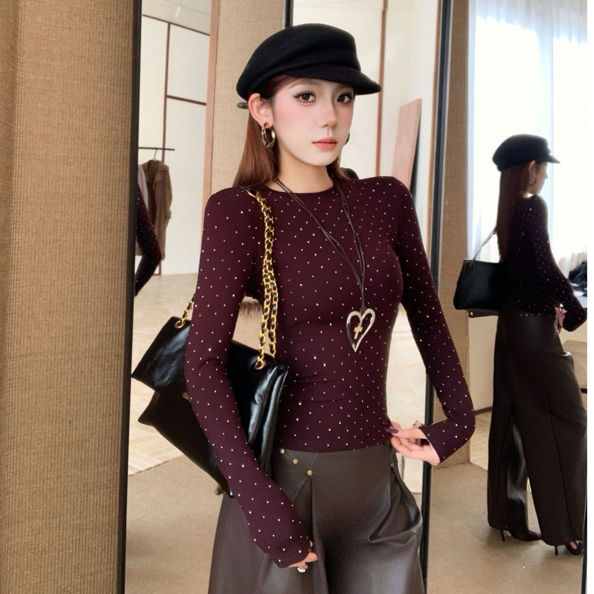 【重工烫钻】设计满天星不易掉 加绒磨毛正肩圆领长袖显瘦打底衫女