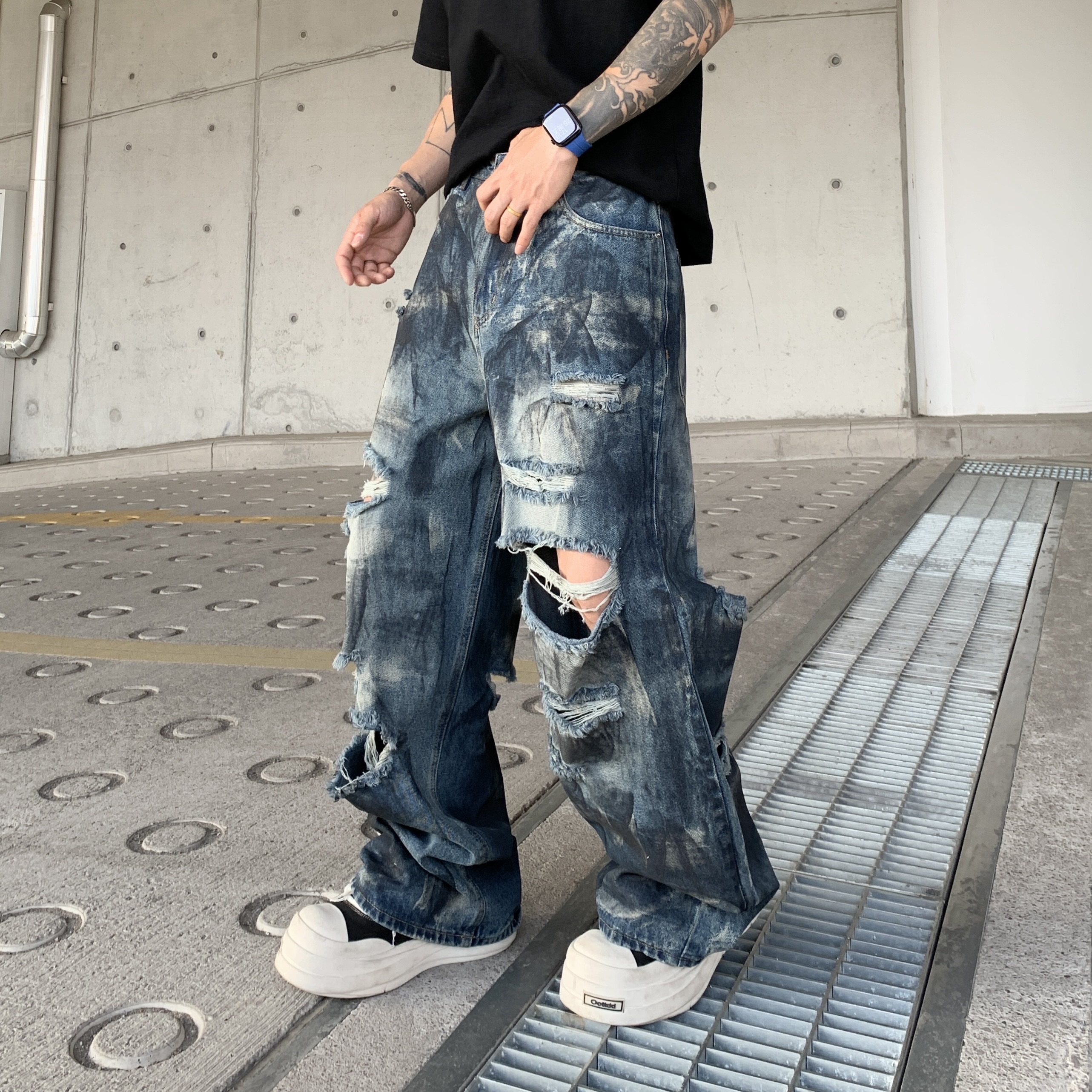 SC男女同款小众设计做旧重工废土风阔腿牛仔裤宽松破洞直筒高街