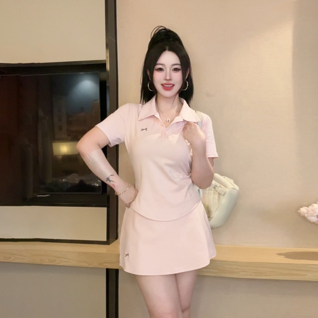大码胖mm时尚百搭polo领短袖上衣包臀半身裙女夏季休闲风运动套装
