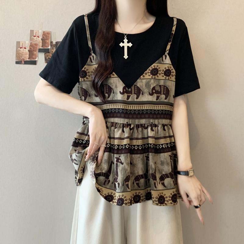 【带运补贴】大码女装2025夏季拼接小众显瘦胖mm短袖假两件短袖上衣