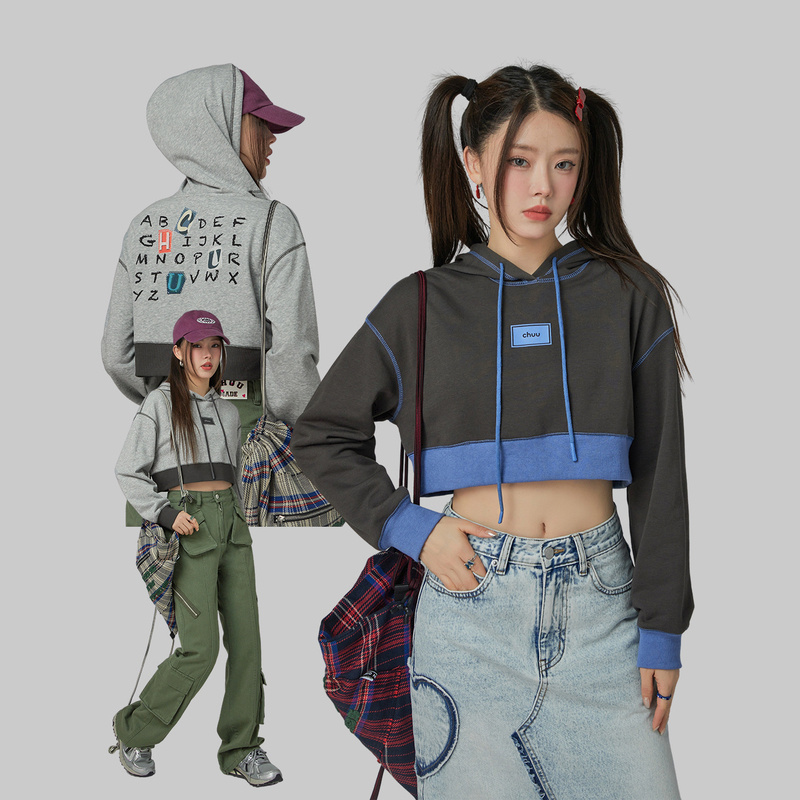 CHUU早春新品字母印花拼接设计宽松小个子长袖个性连帽卫衣