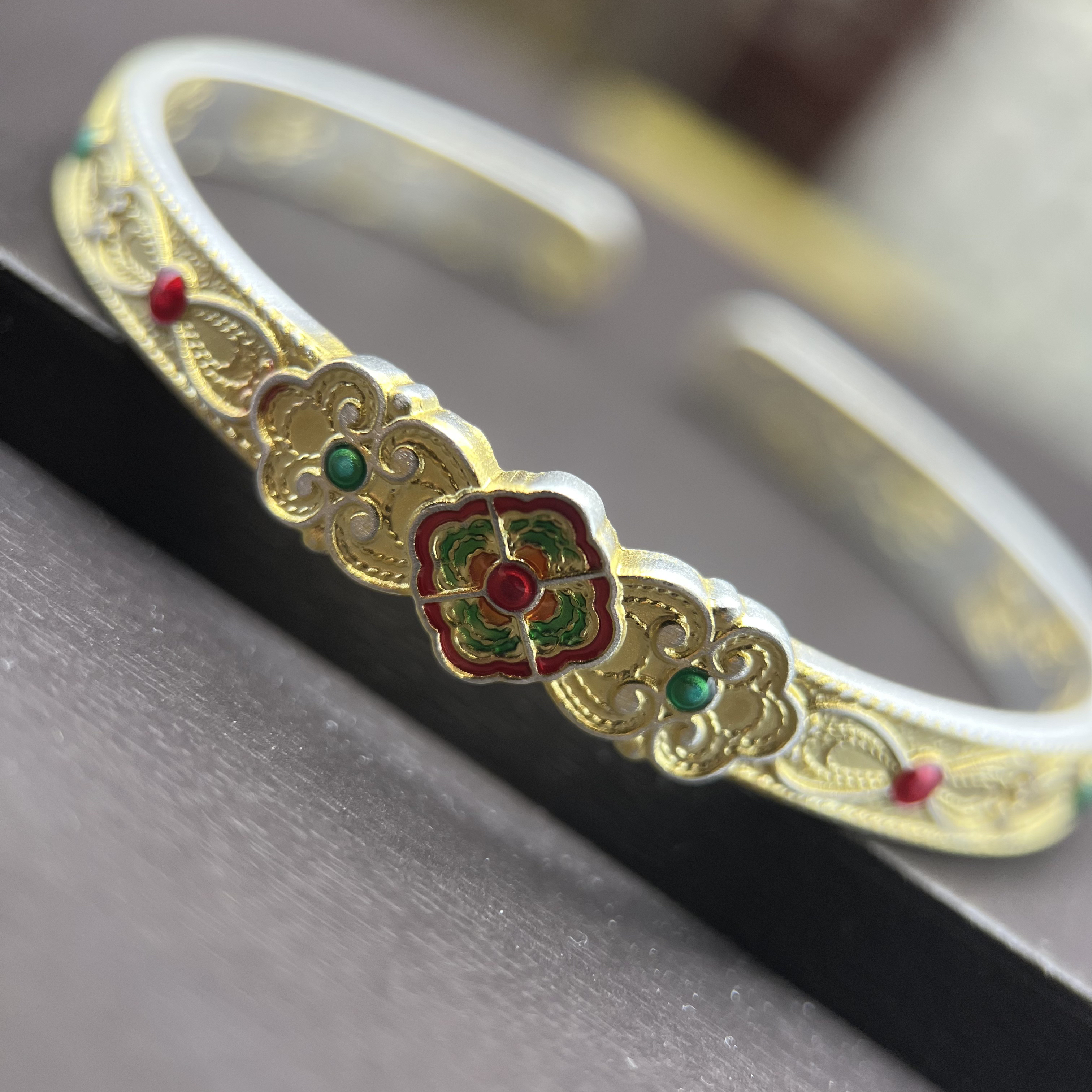 足银手镯 4号足银999.9古法描金新中式国风富贵花银手镯约27克