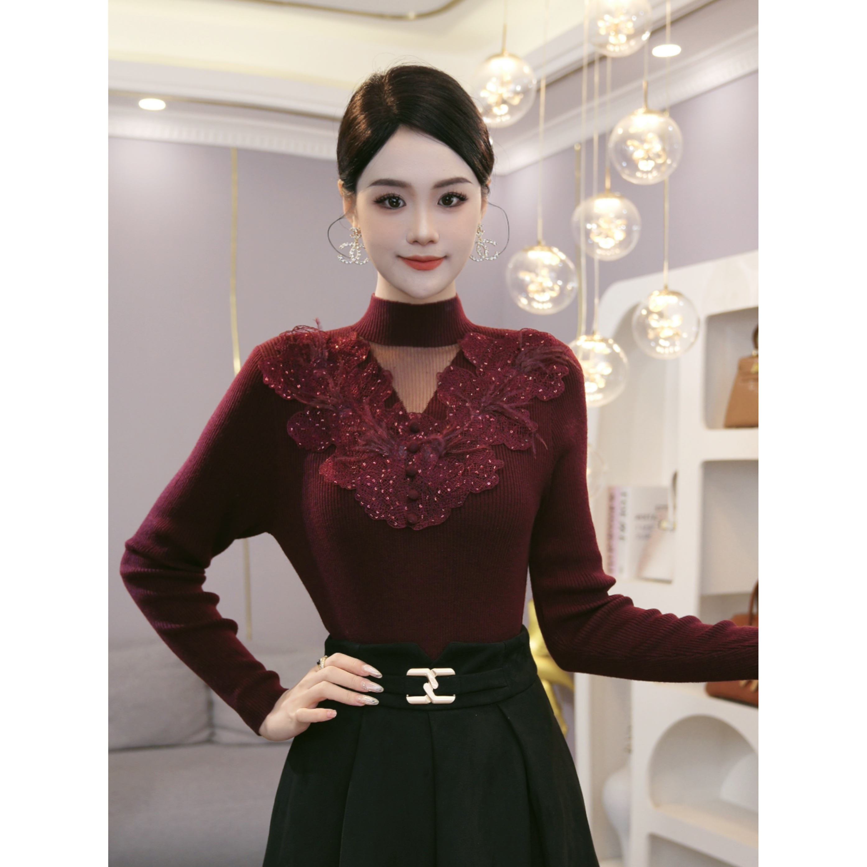 2025秋冬新款【JR-29】含绵羊毛可外穿精致紫红色针织衫内搭毛衣女