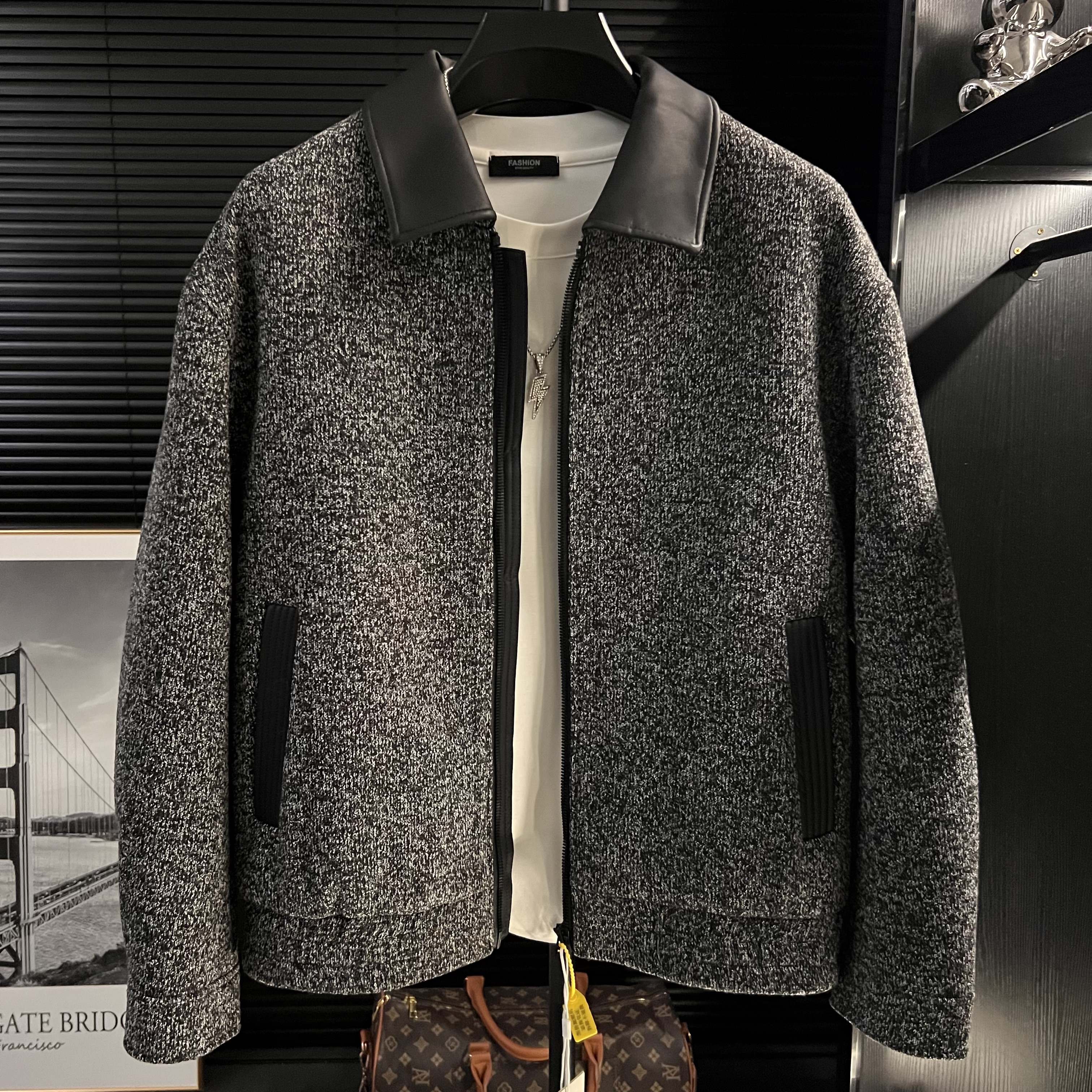 潇潇-高奢质感小香风翻领拼接皮领灰色夹克男士上衣潮流爆款