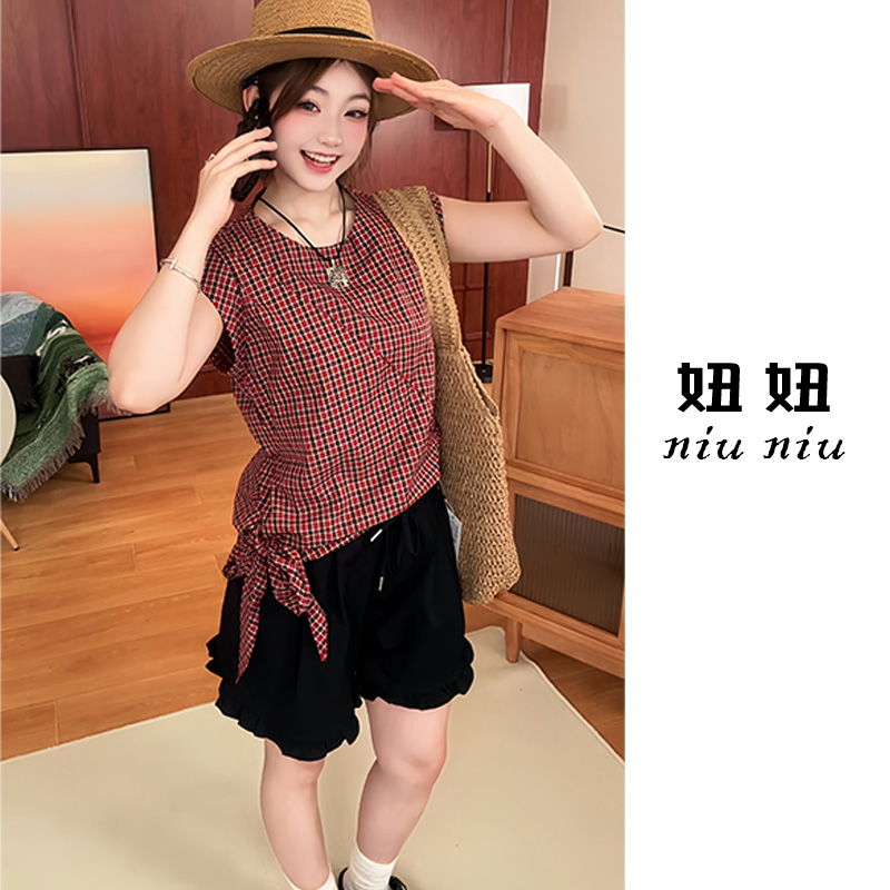 【仲夏之夜】全棉无袖格子衬衫女夏设计感收腰系带洋气小衫上衣