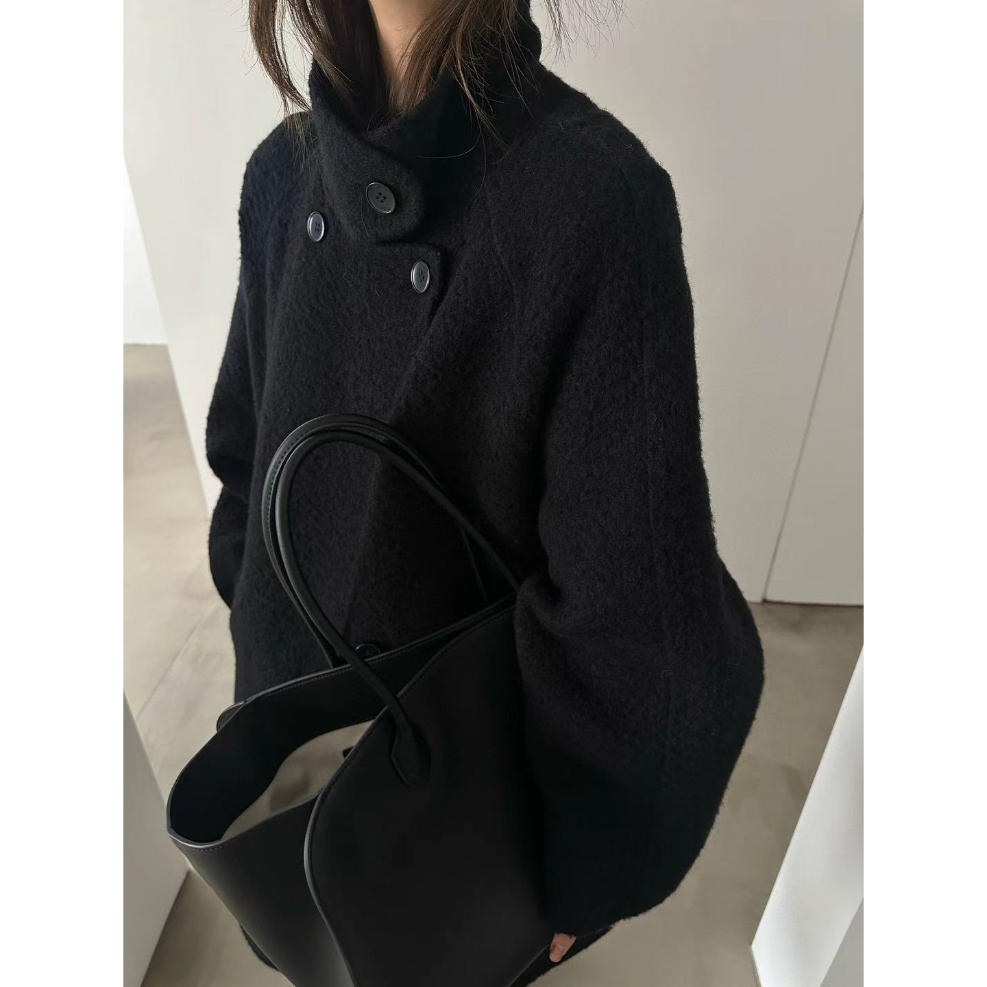 【LEILEI】黑色秋冬网红女双面呢苏力手工外套长款慵懒风25918