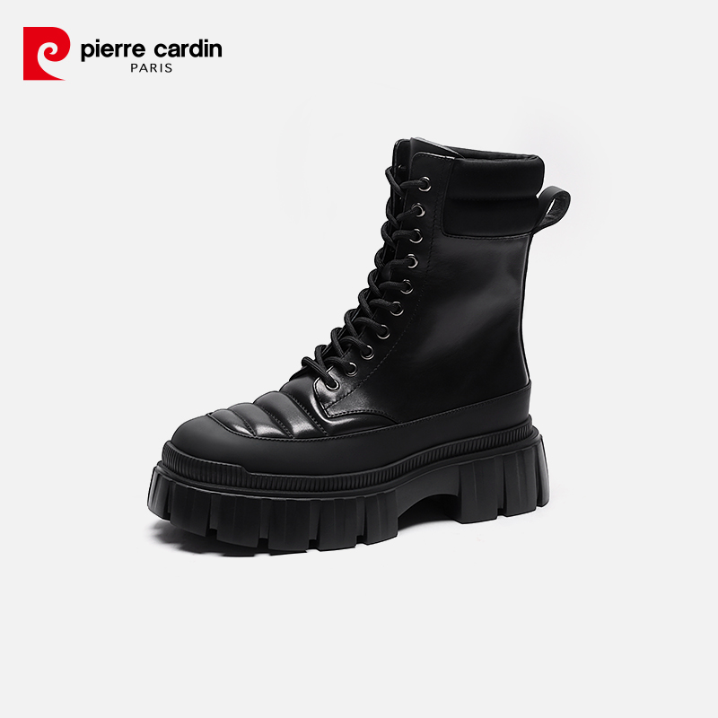 pierre cardin 头层牛皮系带侧拉链增高英伦休闲风中筒马丁靴软底