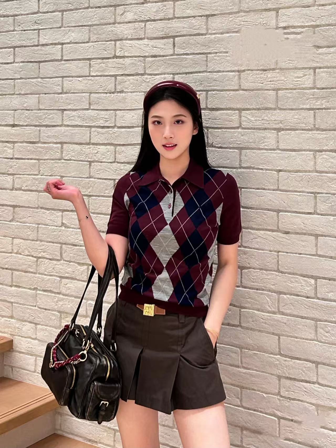 B8045-M格子翻领短袖上衣