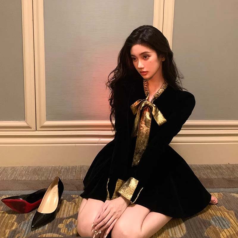 赫本千金长袖连衣裙女春秋季蝴蝶结party约会小礼裙TX0091