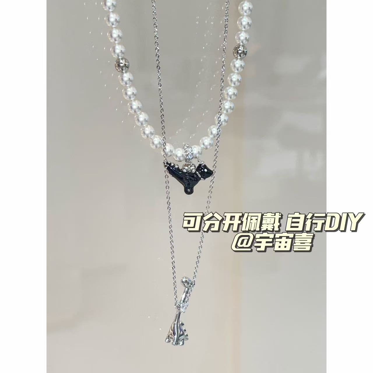 铜合金仿珍珠项链  G4-066贝珠串珠黑色珐琅小恐龙长颈鹿金属项链