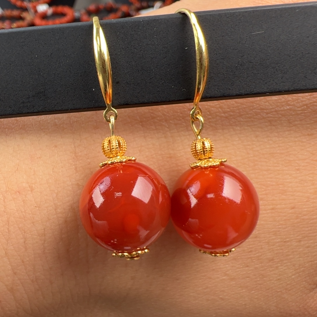 南红玛瑙银S925镶嵌（圆珠耳钩13mm+