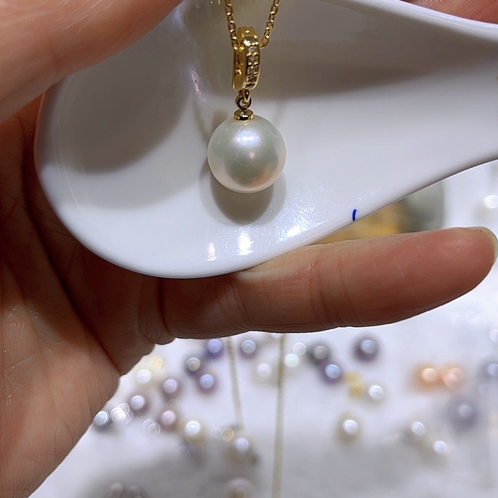 淡水珍珠白珠金色万能扣吊坠银S925镶嵌