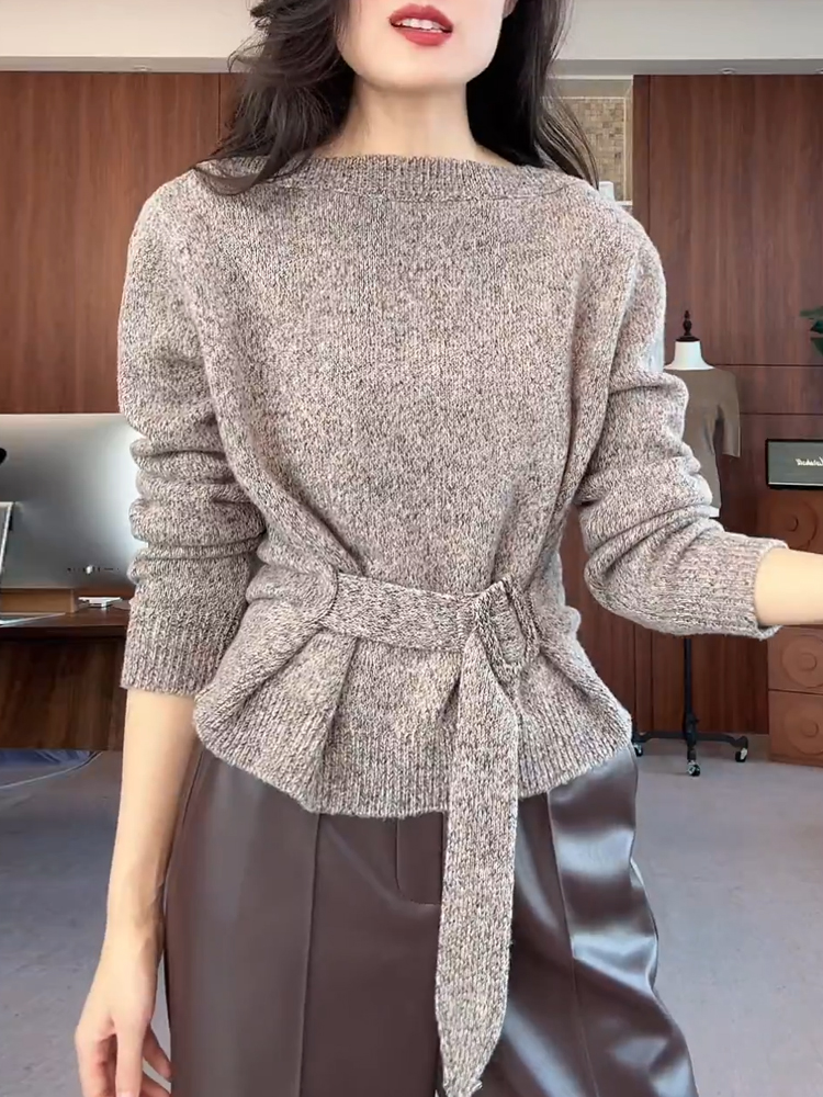 收腰系带长袖针织衫女秋冬2025年新款圆领毛衣显瘦百搭打底上衣