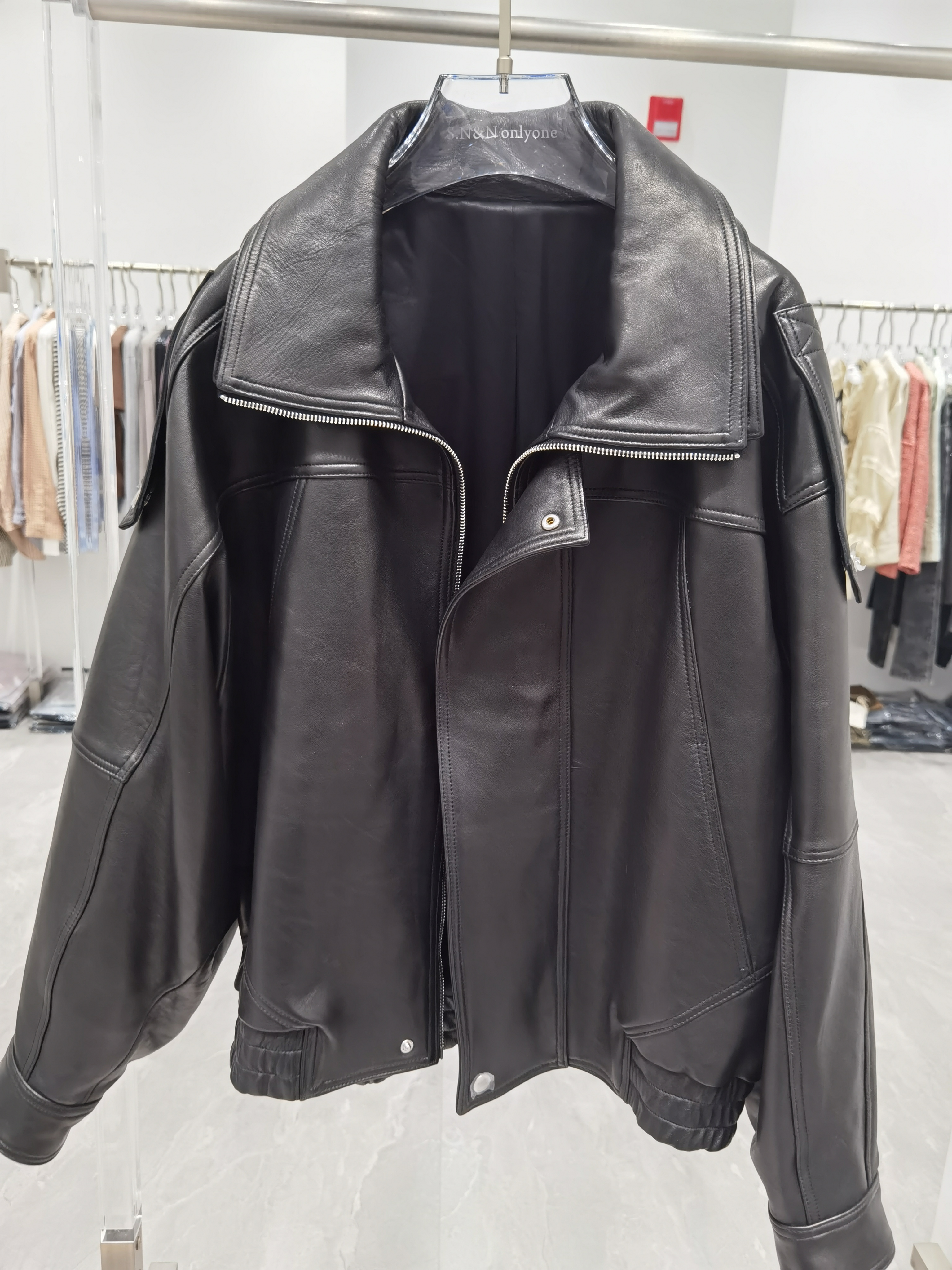 ETHOR·新品24秋冬黑色廓形时尚双领夹克外套女