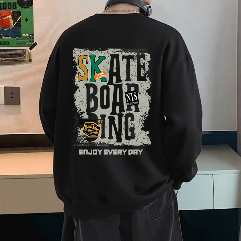 潮牌圆领卫衣男生秋冬加绒加厚打底衫宽松大码长袖上衣青少年美式