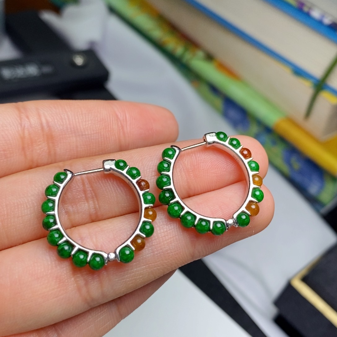 翡翠18K金镶嵌耳饰设计款小米珠耳包