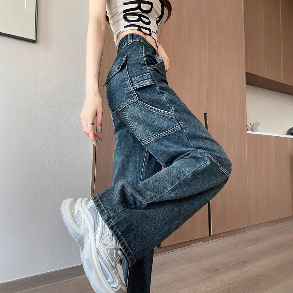 工装牛仔裤女秋季新款大码胖mm高腰宽松显瘦设计感拖地直筒阔腿裤