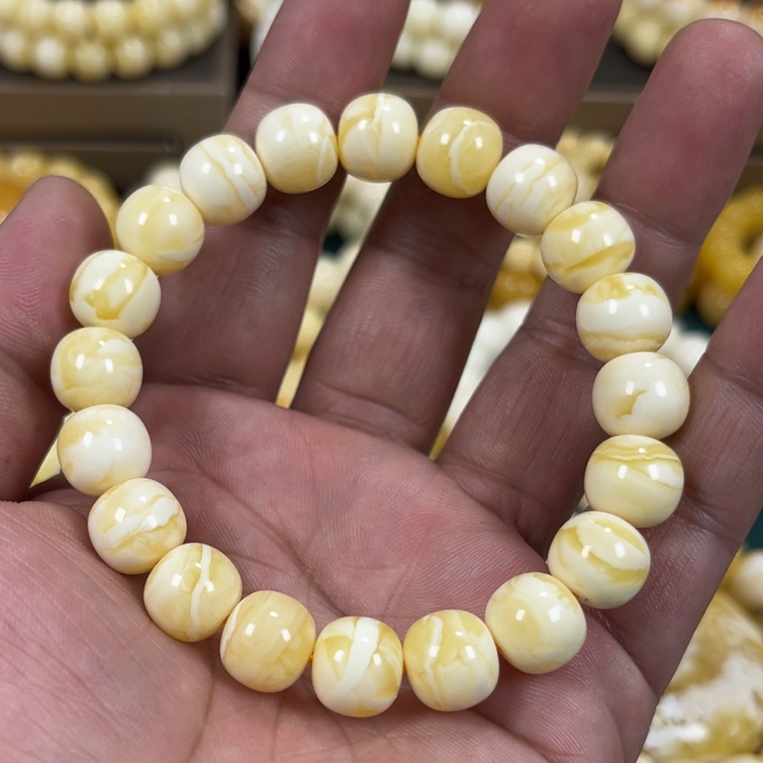 琥珀手链未镶嵌同料瓷白花老邢手串11mm