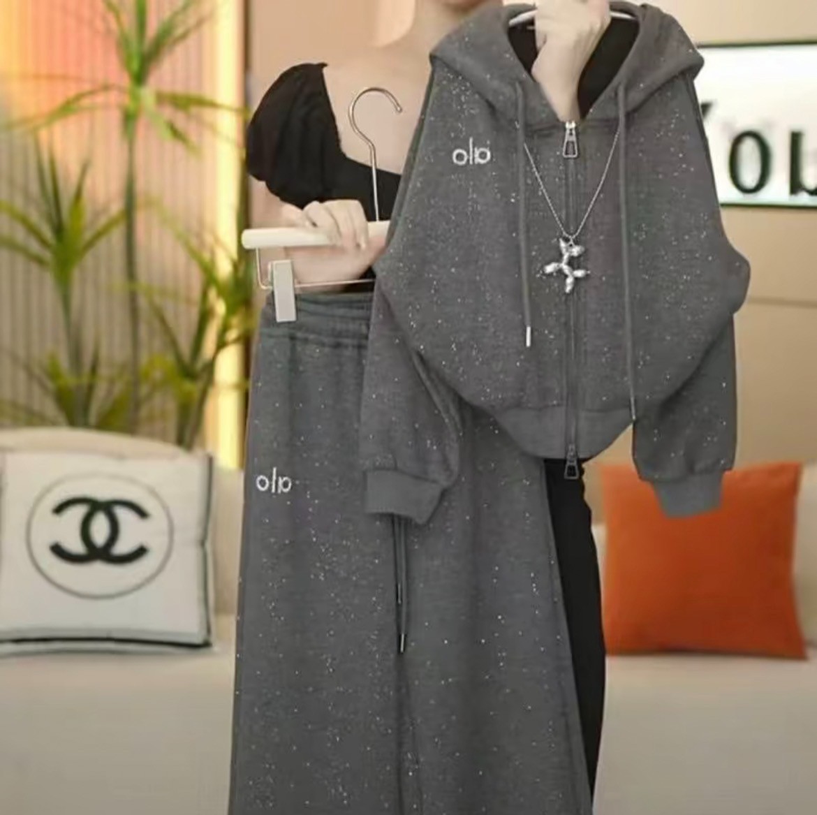 （满天星）女童秋季新款韩版洋气软糯糯撒银外套+直筒裤两件套