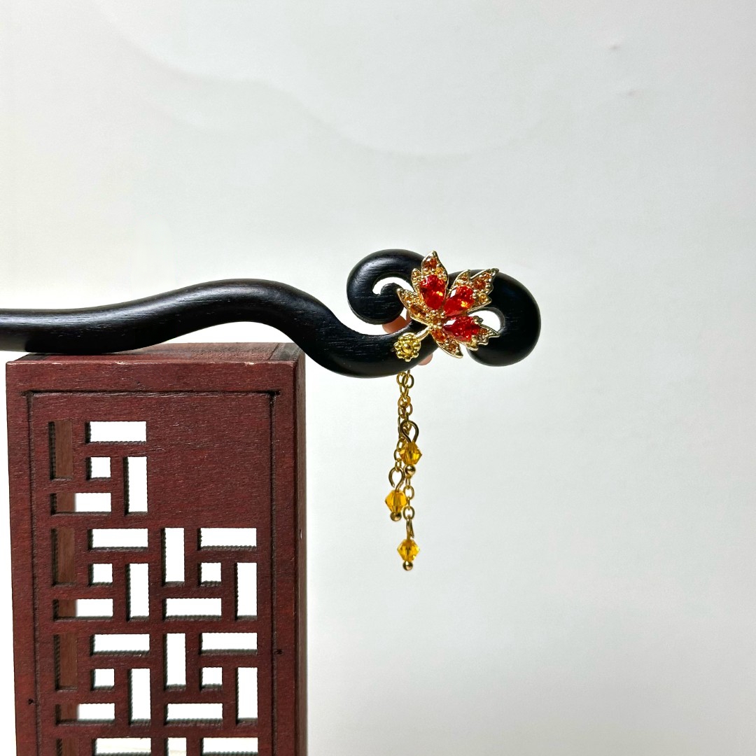 18厘米天然黑檀木簪枫叶原创设计紫光檀发簪仙气百搭簪子日常木簪