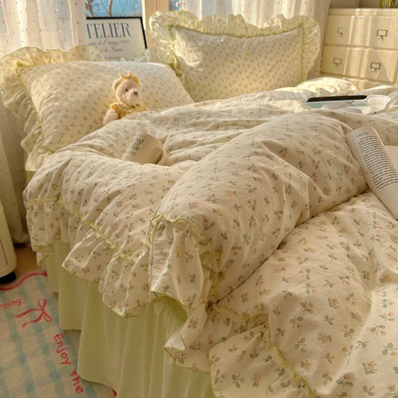 公主风绿色小清新花边水洗棉床上四件套家用床品床裙款床笠款均有