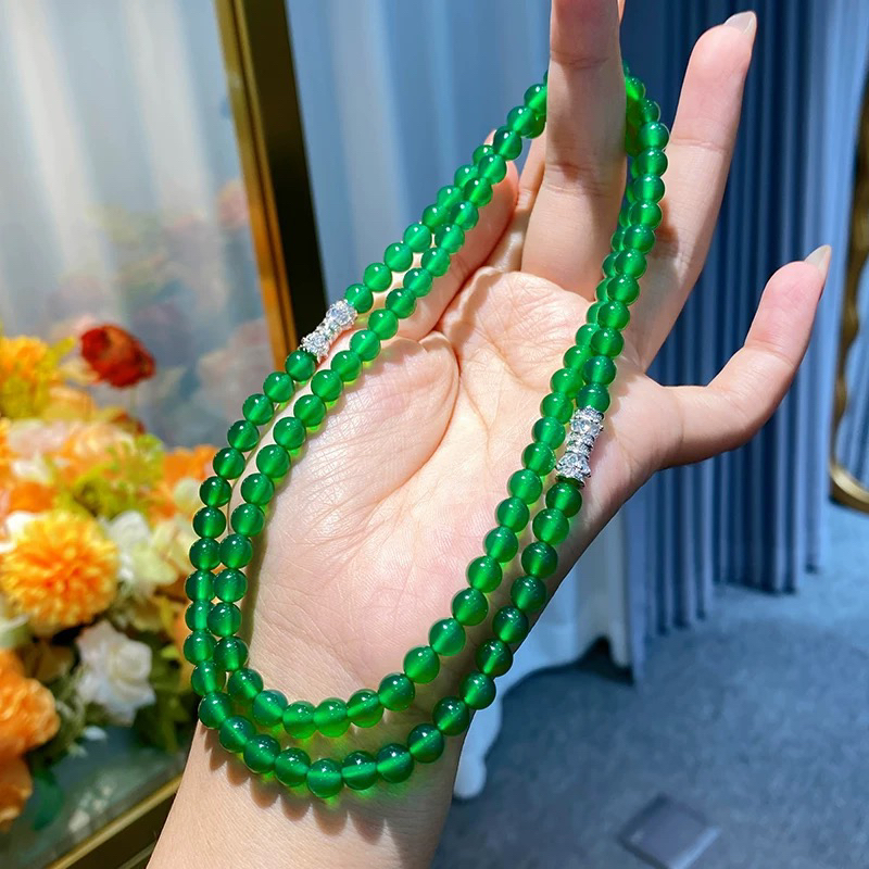 V正品天然绿玉髓冰透高冰绿色珠珠项链锁骨链百搭珠链简约时尚