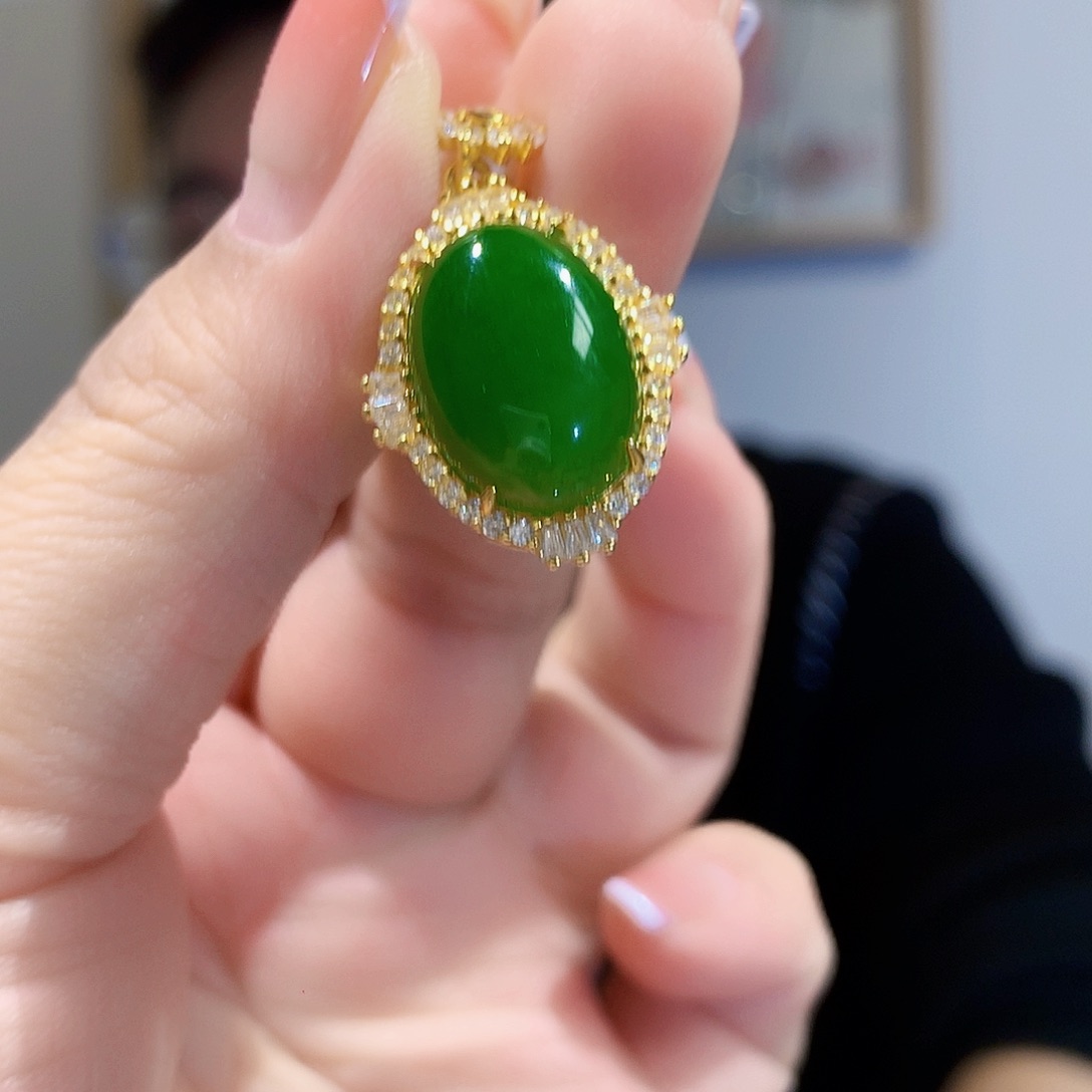 和田玉（碧玉）颈饰银S925镀金镶嵌