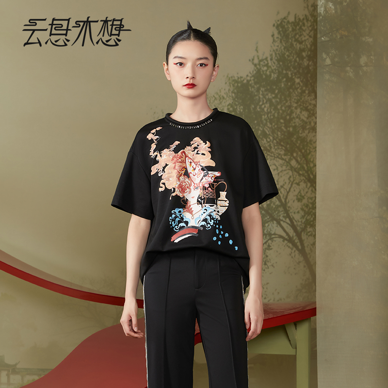 Ysimo-X云思木想原创中国风2024夏季钉钻东方佳人印花T恤11826