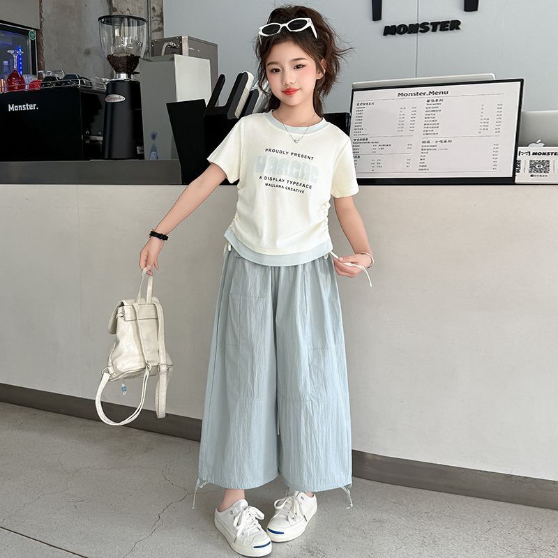 女童套装夏季夏装2025新款洋气时髦儿童短袖大童阔腿裤两件套高级