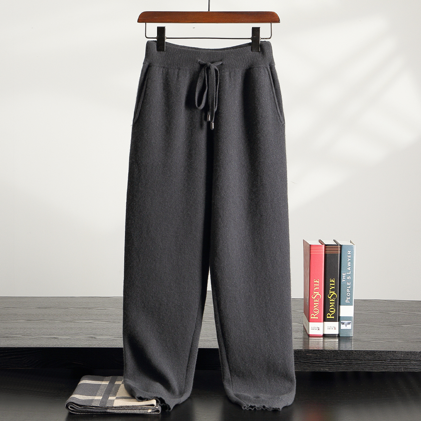 100%纯山羊绒男士空气层束口休闲裤收口小脚裤外穿098