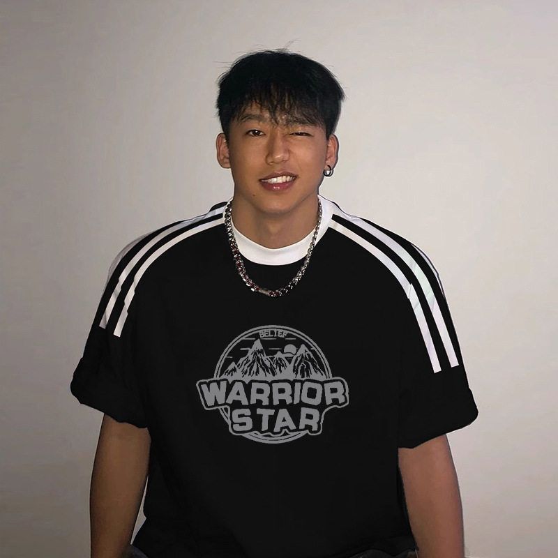 港风美式潮牌三条杠重磅纯棉圆领短袖T恤夏季男装宽松百搭ins潮