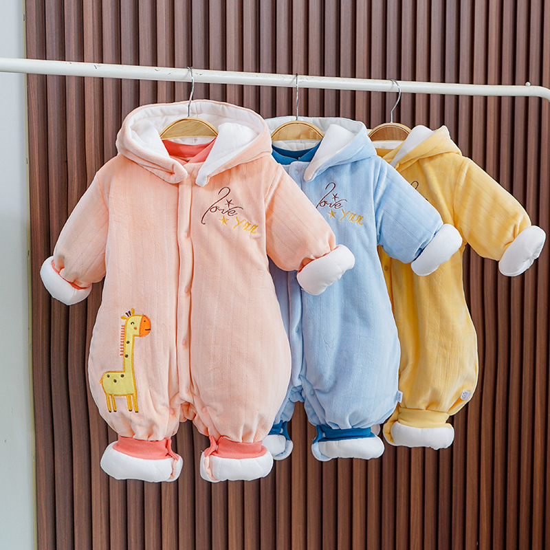婴儿加厚连体秋冬季新款宝宝棉外出服珊瑚绒可爱卡通哈衣爬服带帽