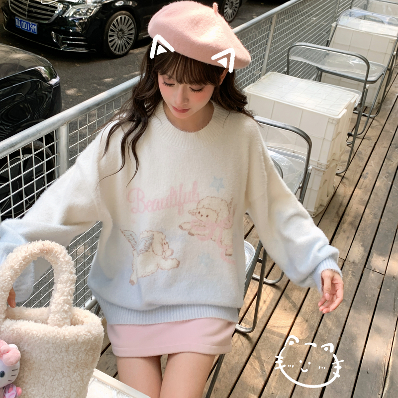 森女部落甜美风渐变套头毛衣女2025新款秋卡通提花设计感宽松上衣