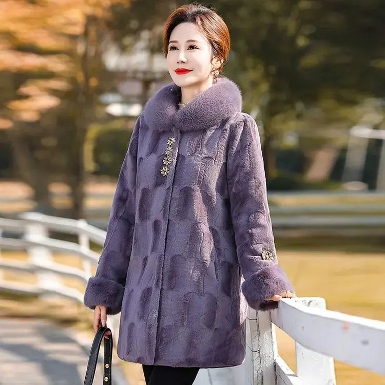 AB04新款妈妈冬装水貂绒仿大衣中老年女装中长款洋气加厚外套