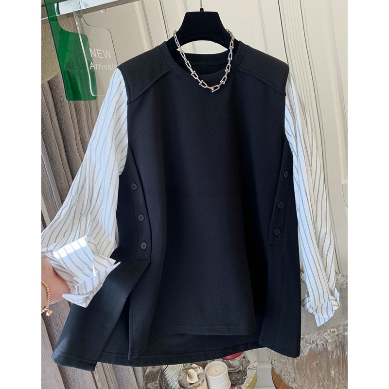 P787气质条纹衬衫假两件卫衣上衣女装宽松休闲慵懒风开叉春季新款