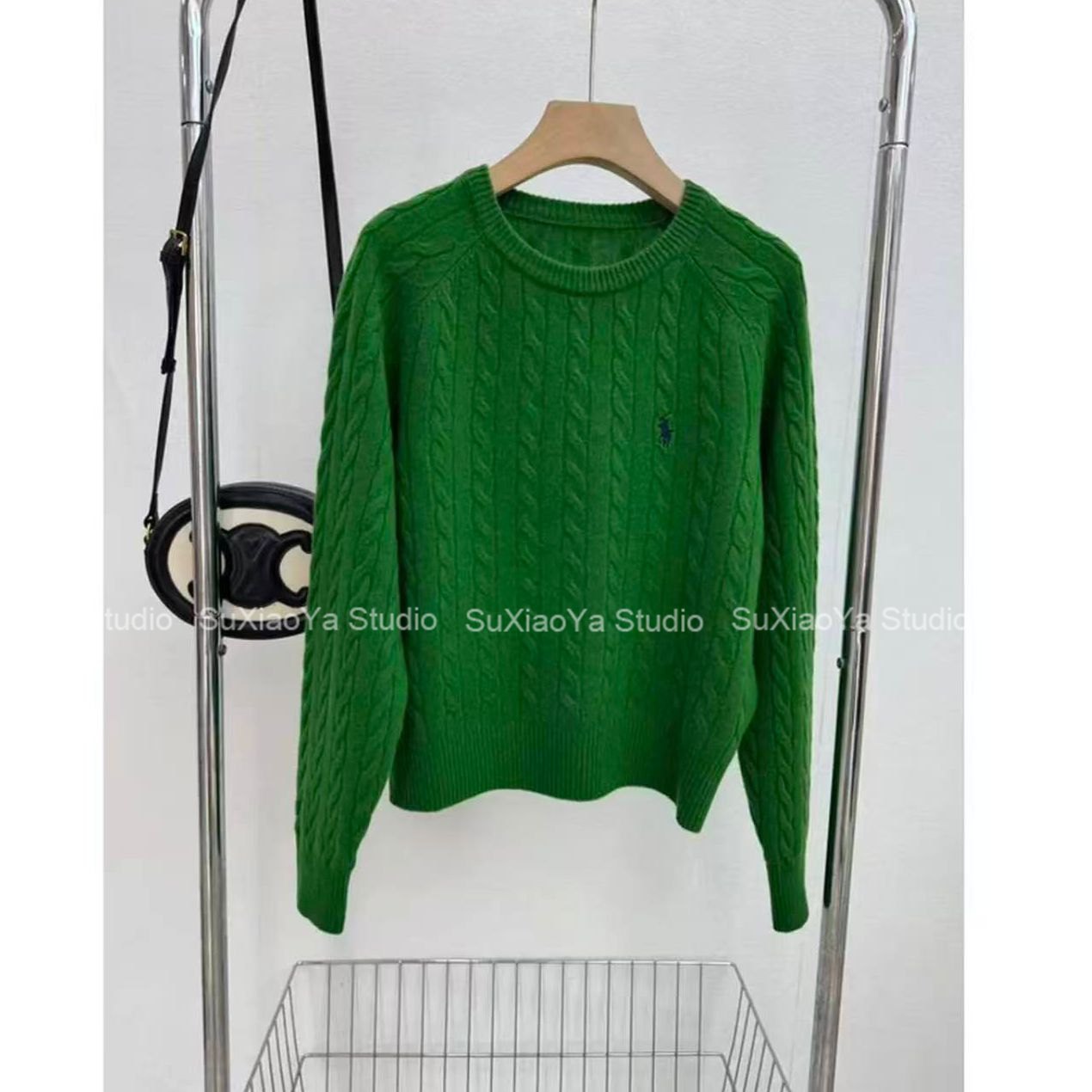【老钱风小马刺绣】麻花圆领羊毛针织衫绿色百搭外穿打底毛衣