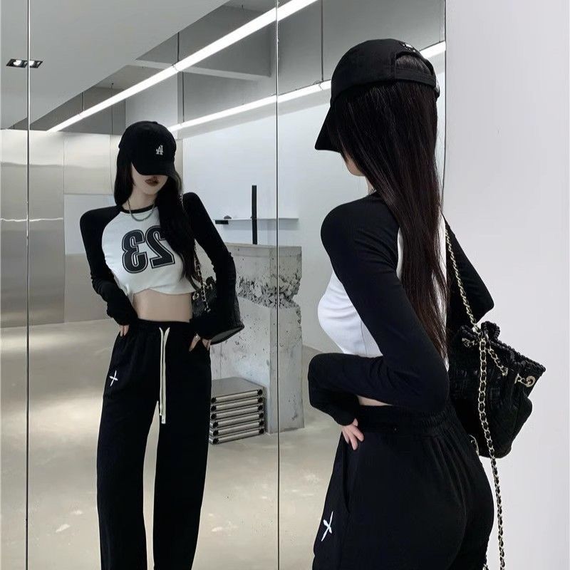 高街风爆款辣妹百搭印花圆领长袖T恤女秋季小众内搭修身显瘦上衣