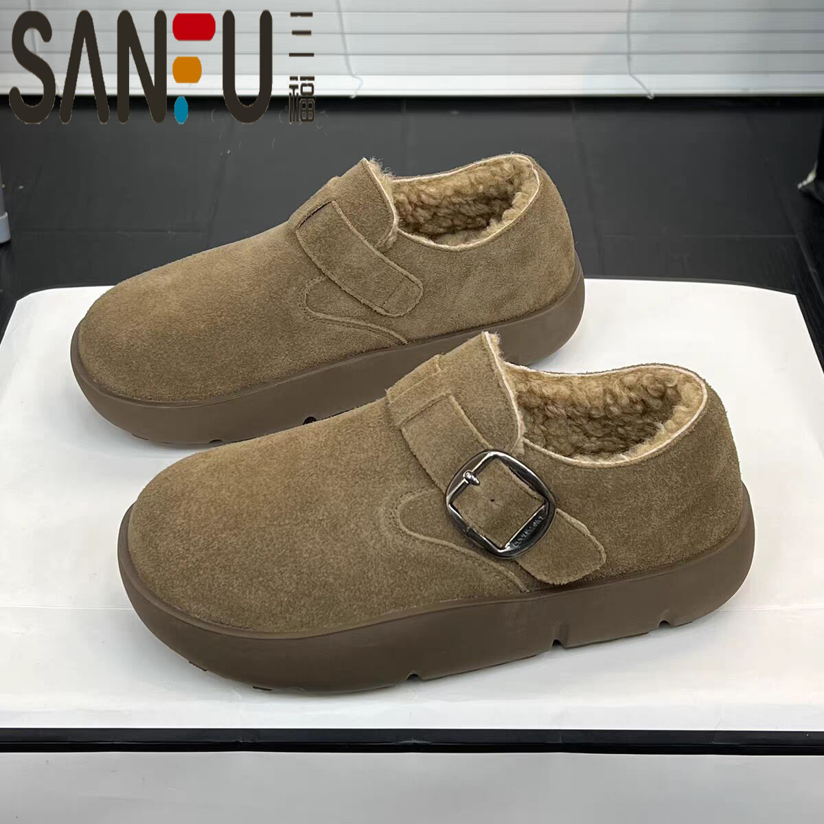 三福厚底毛毛勃肯鞋女2025冬季新款复古加绒加厚保暖棉鞋百搭单鞋